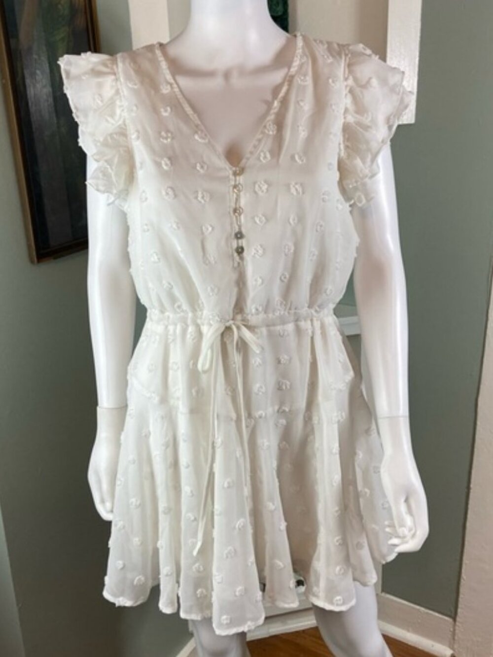 Entro White Flutter Sleeve Mini Dress Sheer Clip Dot Medium Sheer Tiered Ruffle